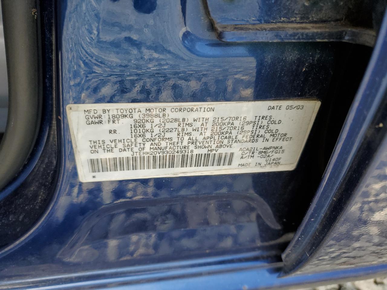2003 Toyota Rav4 VIN: JTEHH20V930249318 Lot: 55079155