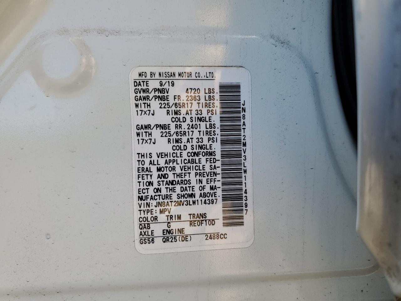 JN8AT2MV3LW114397 NISSAN ROGUE 2020