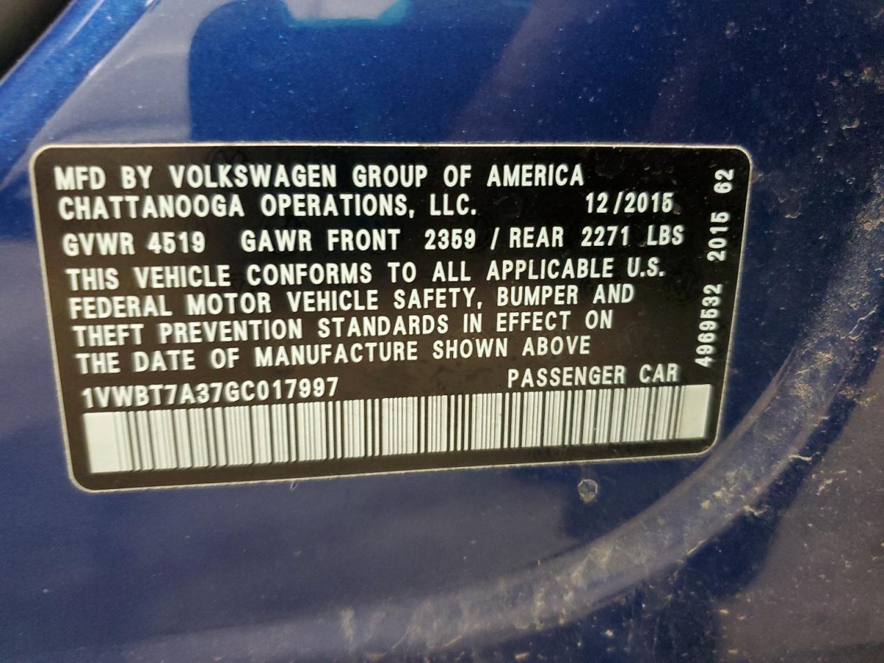 2016 Volkswagen Passat Se VIN: 1VWBT7A37GC017997 Lot: 55146215