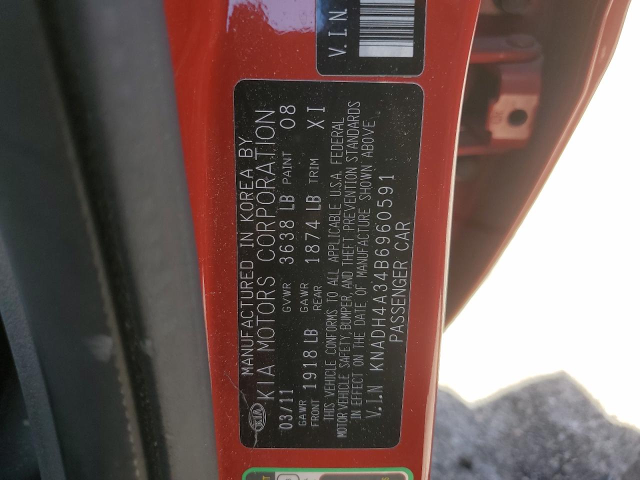 2011 Kia Rio Base VIN: KNADH4A34B6960591 Lot: 52106135