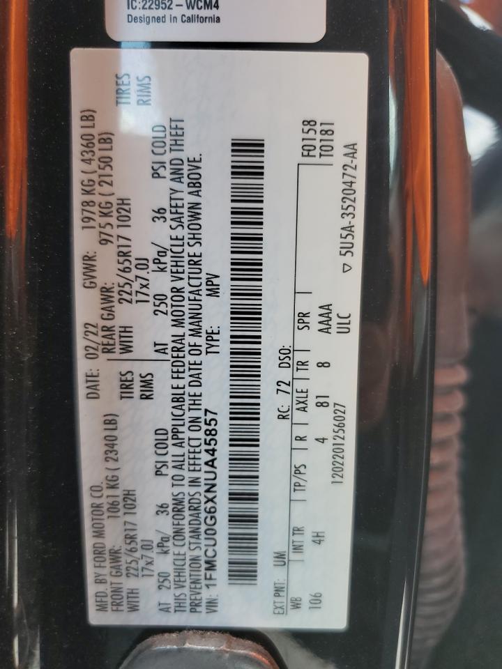 1FMCU0G6XNUA45857 FORD ESCAPE 2022