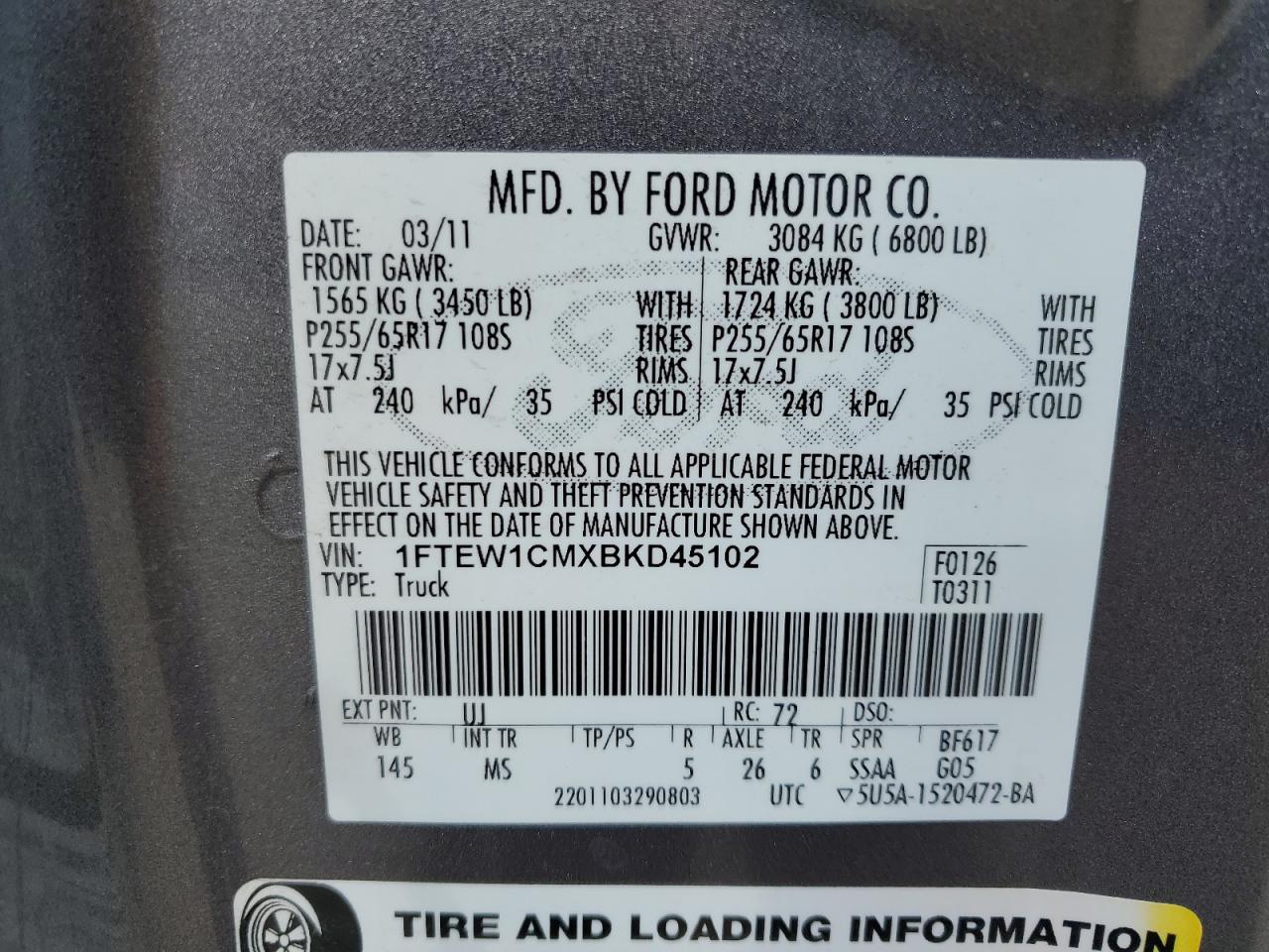 2011 Ford F150 Supercrew VIN: 1FTEW1CMXBKD45102 Lot: 53726775