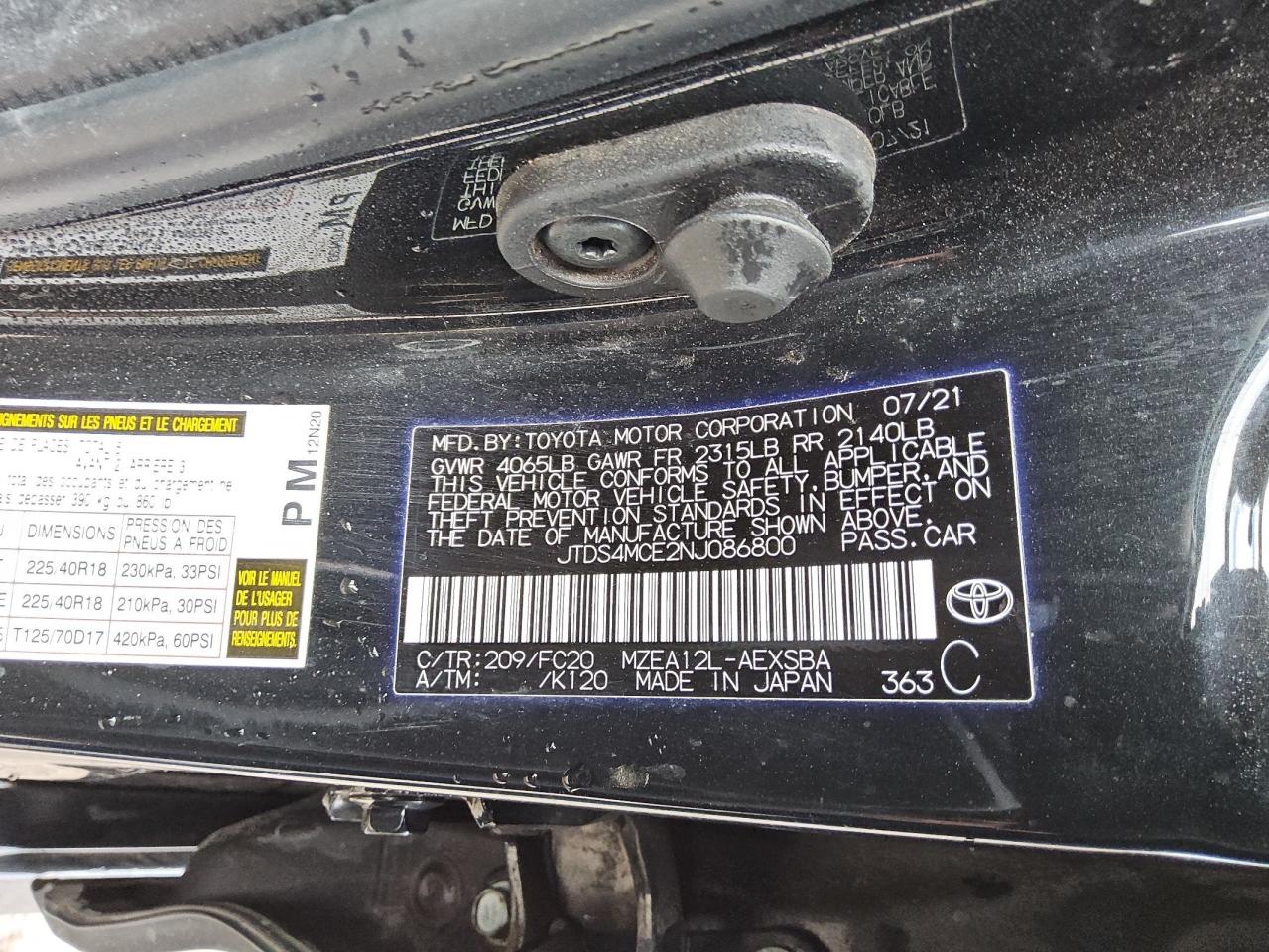 2022 Toyota Corolla Se VIN: JTDS4MCE2NJ086800 Lot: 53130135