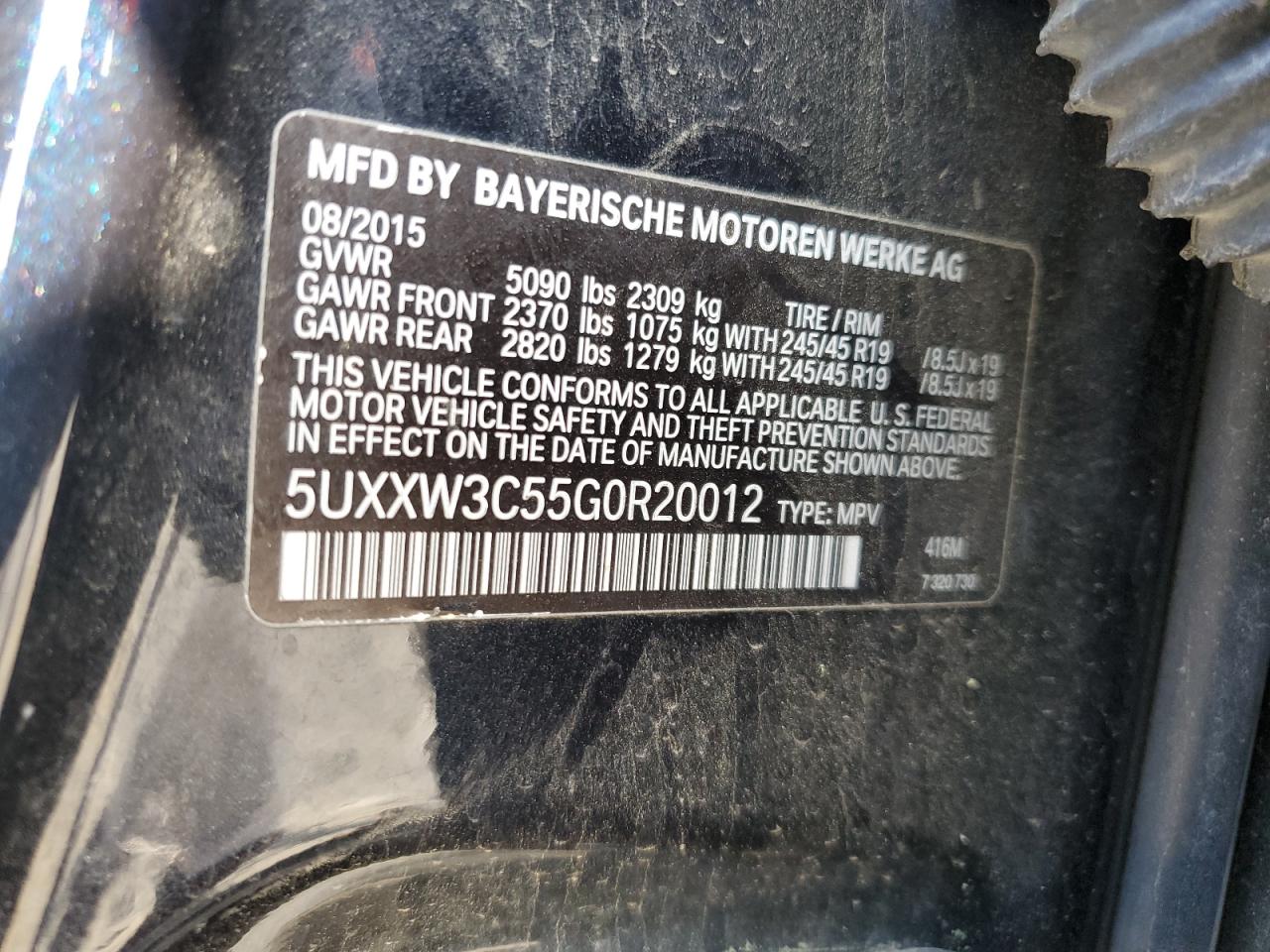 2016 BMW X4 xDrive28I VIN: 5UXXW3C55G0R20012 Lot: 54700505
