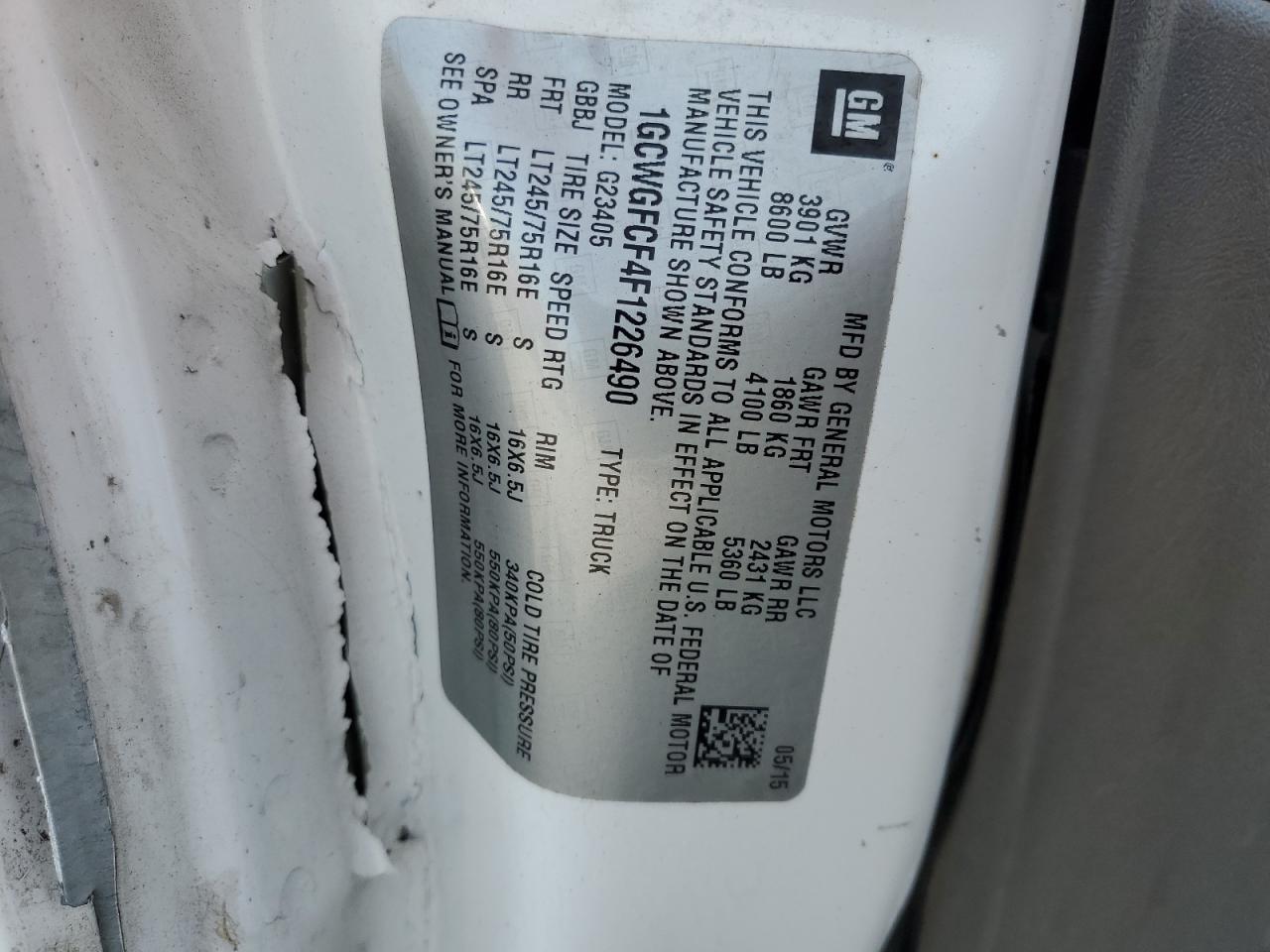 2015 Chevrolet Express G2500 VIN: 1GCWGFCF4F1226490 Lot: 54886565