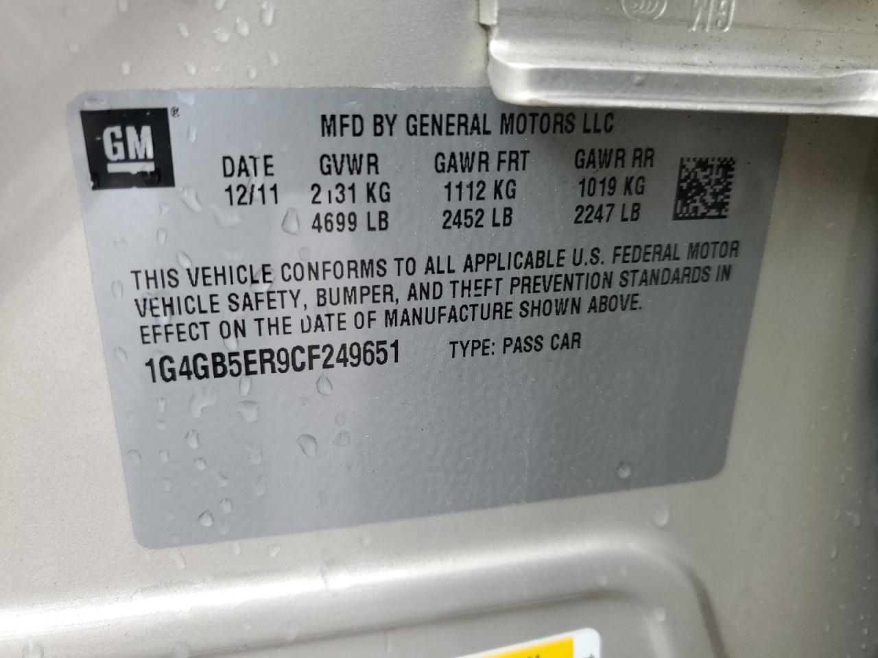 2012 Buick Lacrosse Convenience VIN: 1G4GB5ER9CF249651 Lot: 52330485