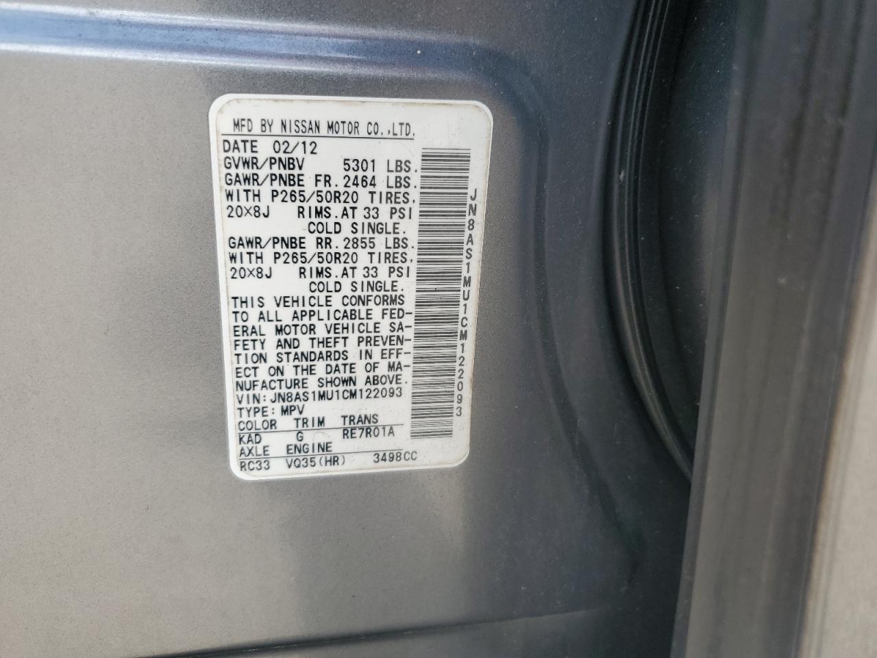 2012 Infiniti Fx35 VIN: JN8AS1MU1CM122093 Lot: 54207515
