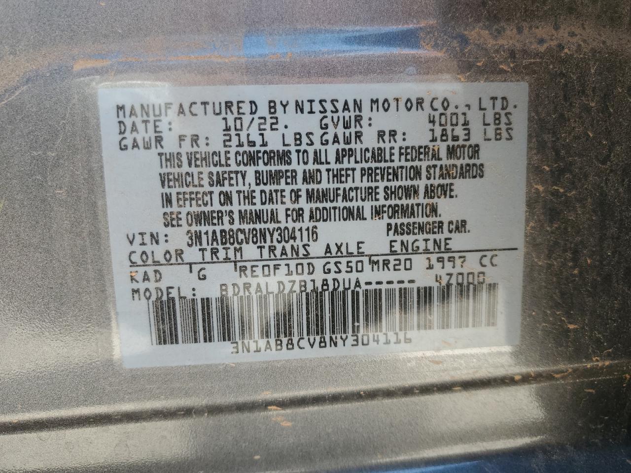 3N1AB8CV8NY304116 NISSAN SENTRA 2022
