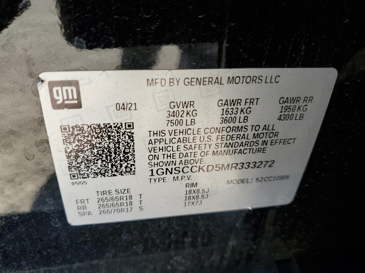 2021 Chevrolet Suburban C1500 Lt VIN: 1GNSCCKD5MR333272 Lot: 52621765