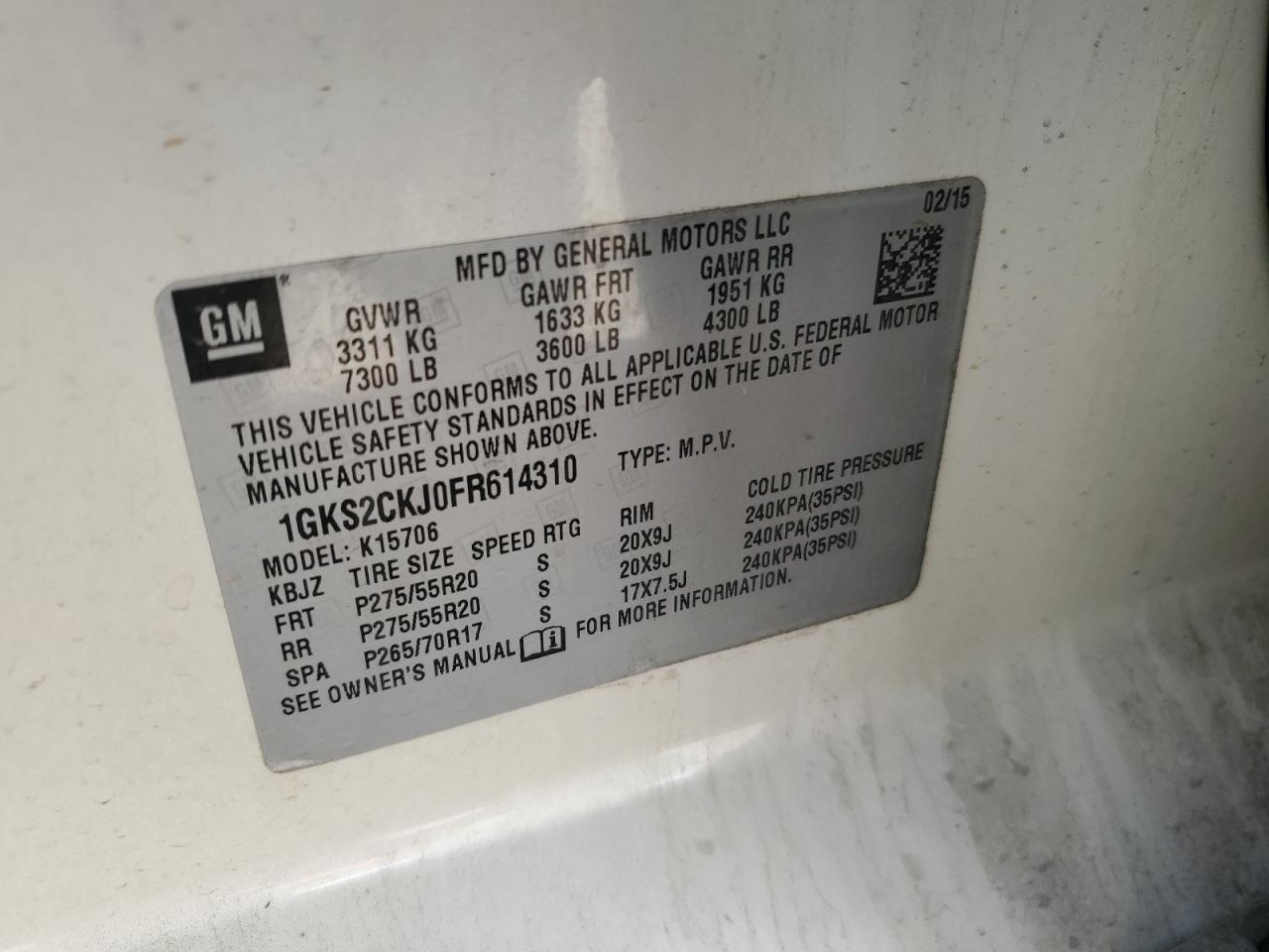 2015 GMC Yukon Denali VIN: 1GKS2CKJ0FR614310 Lot: 54069995