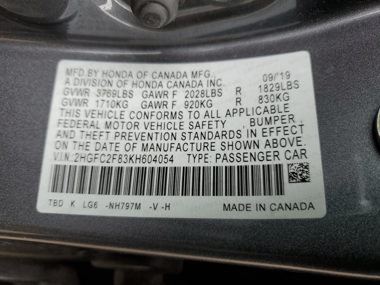 2HGFC2F83KH604054 HONDA CIVIC 2019