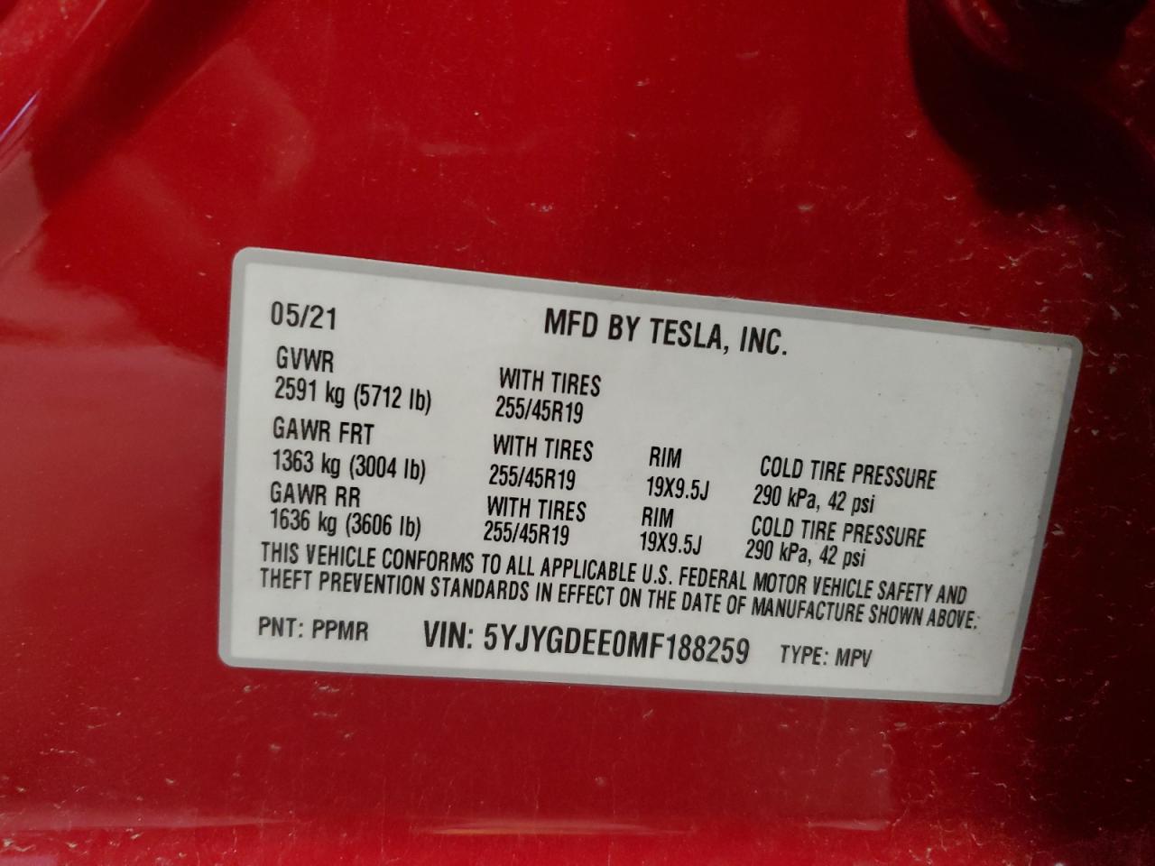 2021 Tesla Model Y VIN: 5YJYGDEE0MF188259 Lot: 53943725