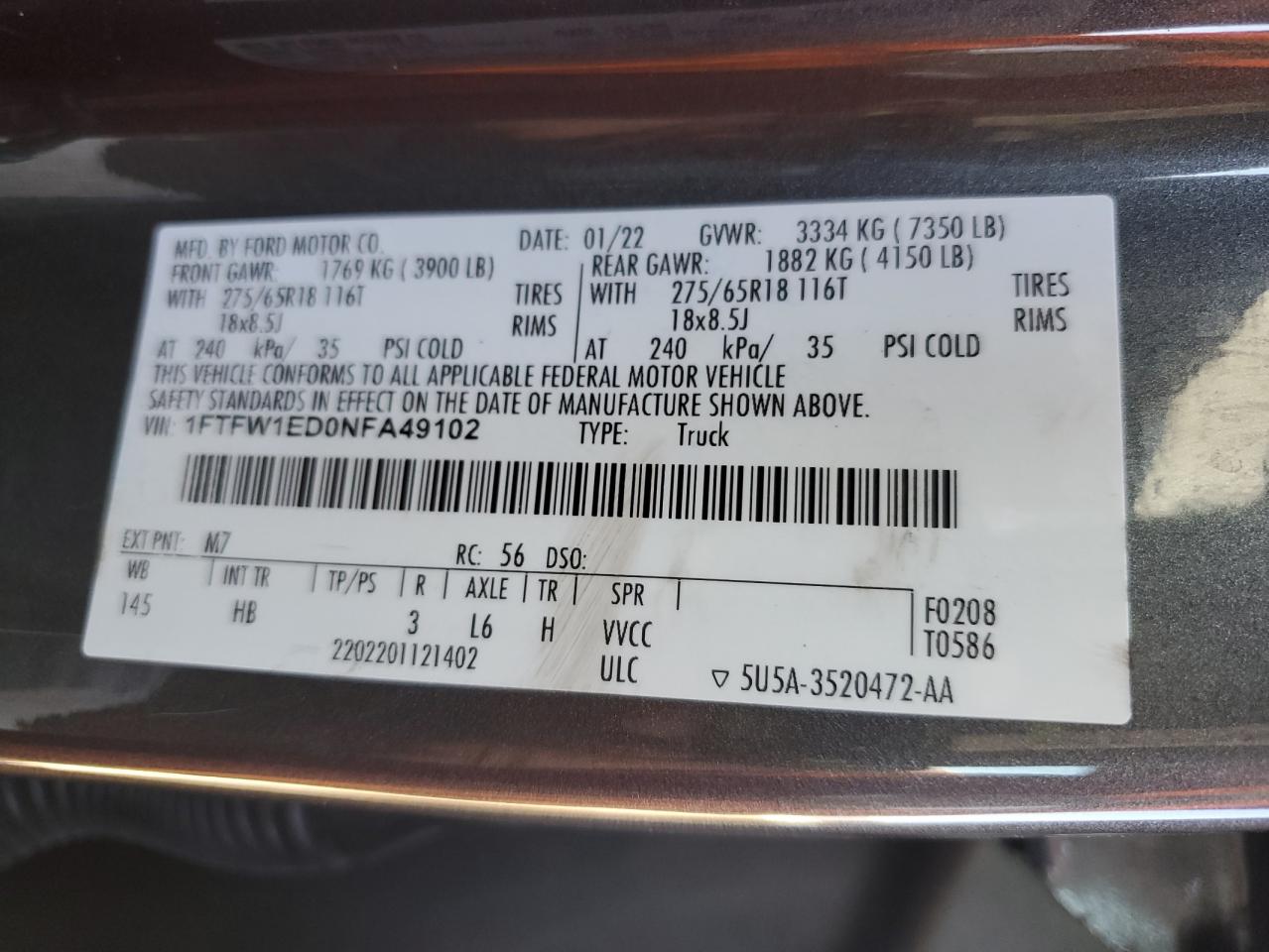 1FTFW1ED0NFA49102 FORD F-150 2022