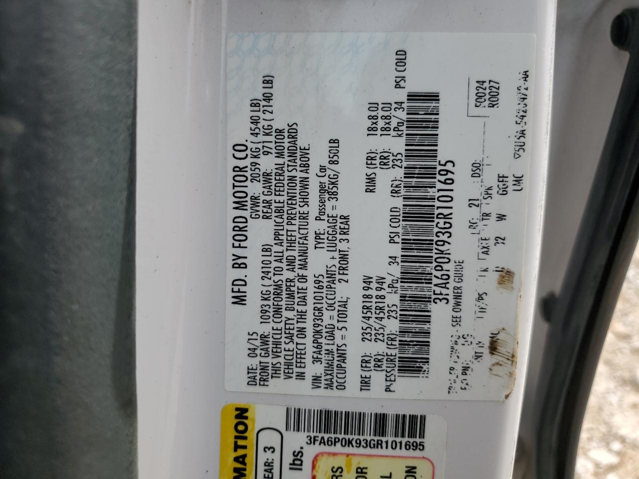 3FA6P0K93GR101695 FORD FUSION 2016