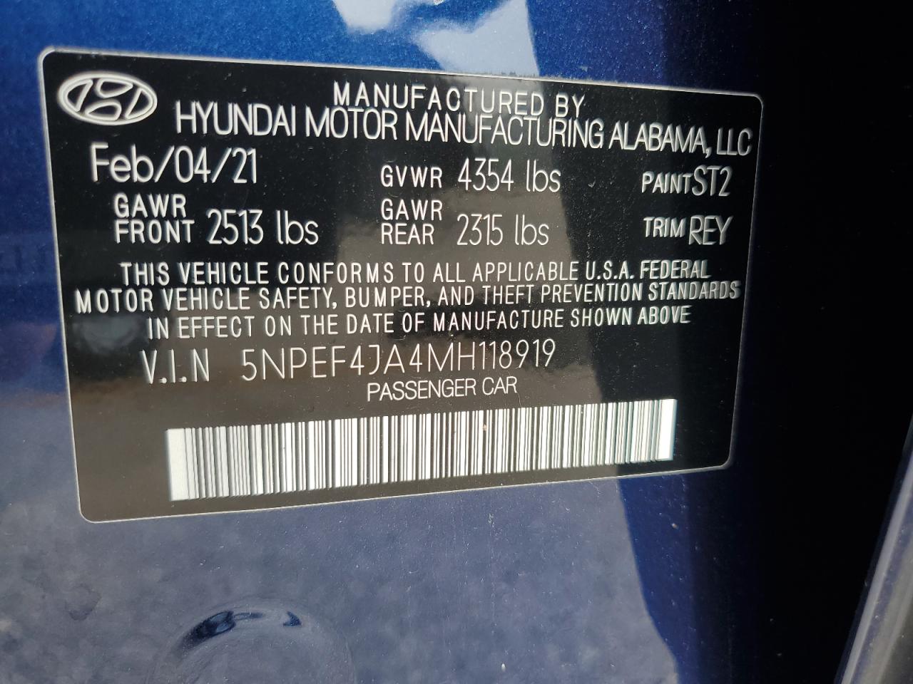 2021 Hyundai Sonata Sel VIN: 5NPEF4JA4MH118919 Lot: 54129435