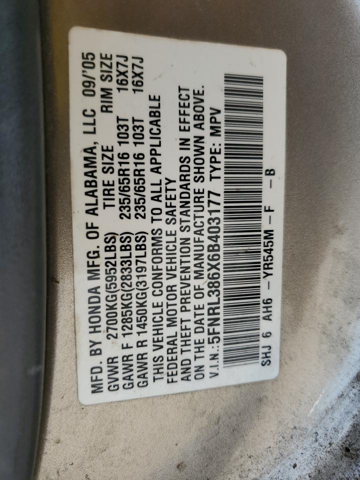 2006 Honda Odyssey Exl VIN: 5FNRL386X6B403177 Lot: 54149015