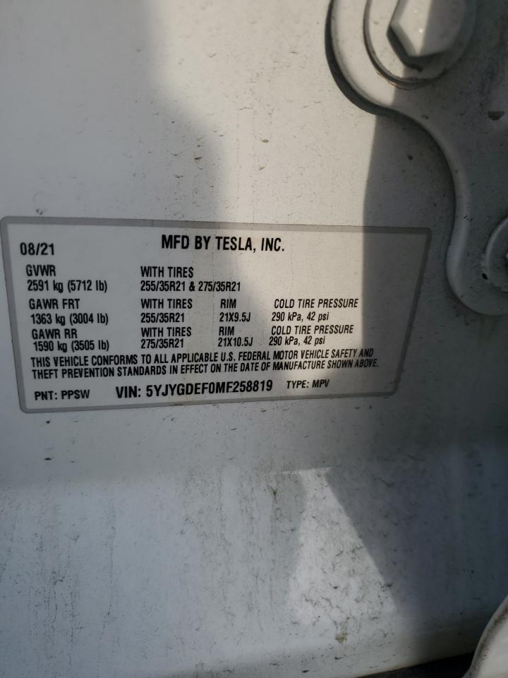 2021 Tesla Model Y VIN: 5YJYGDEF0MF258819 Lot: 53944085