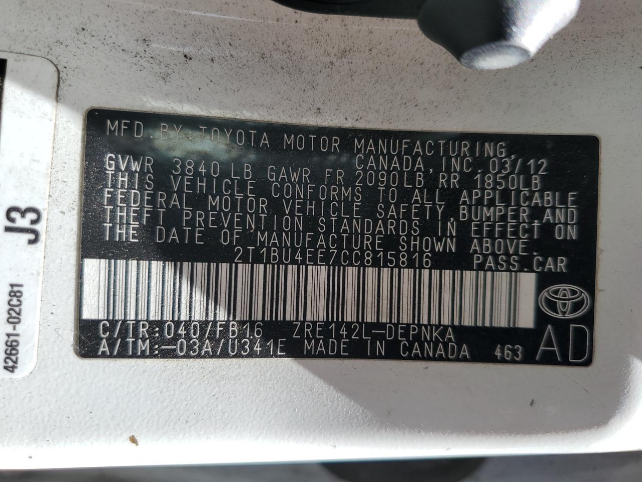 2012 Toyota Corolla Base VIN: 2T1BU4EE7CC815816 Lot: 54789165