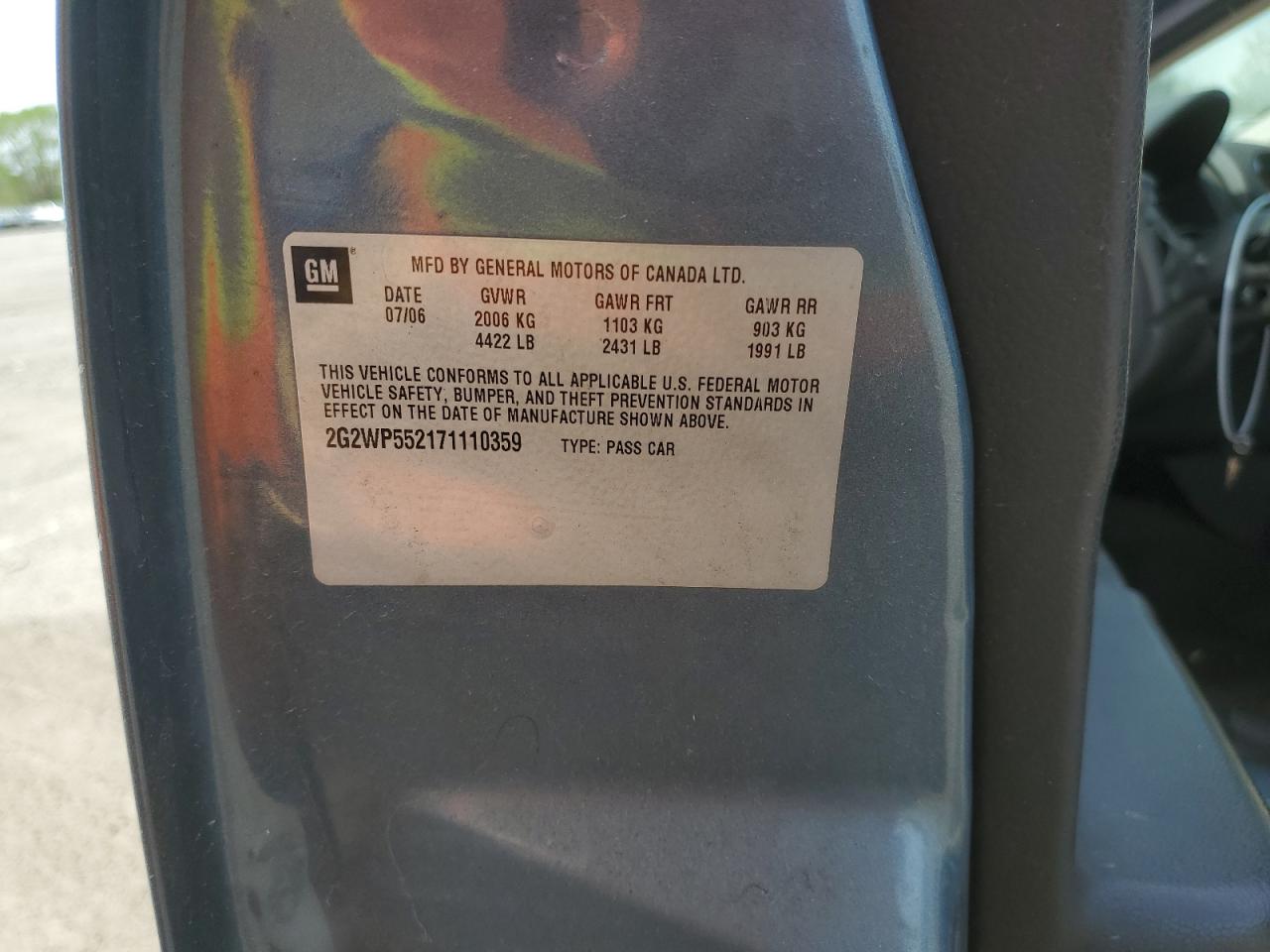 2007 Pontiac Grand Prix VIN: 2G2WP552171110359 Lot: 70043995
