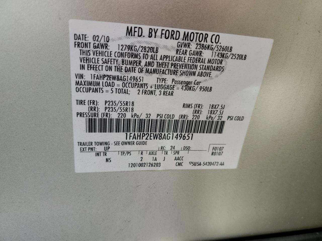 2010 Ford Taurus Sel VIN: 1FAHP2EW8AG149651 Lot: 53374675