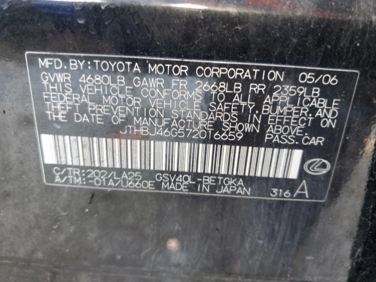 2007 Lexus Es 350 VIN: JTHBJ46G572016659 Lot: 53356755