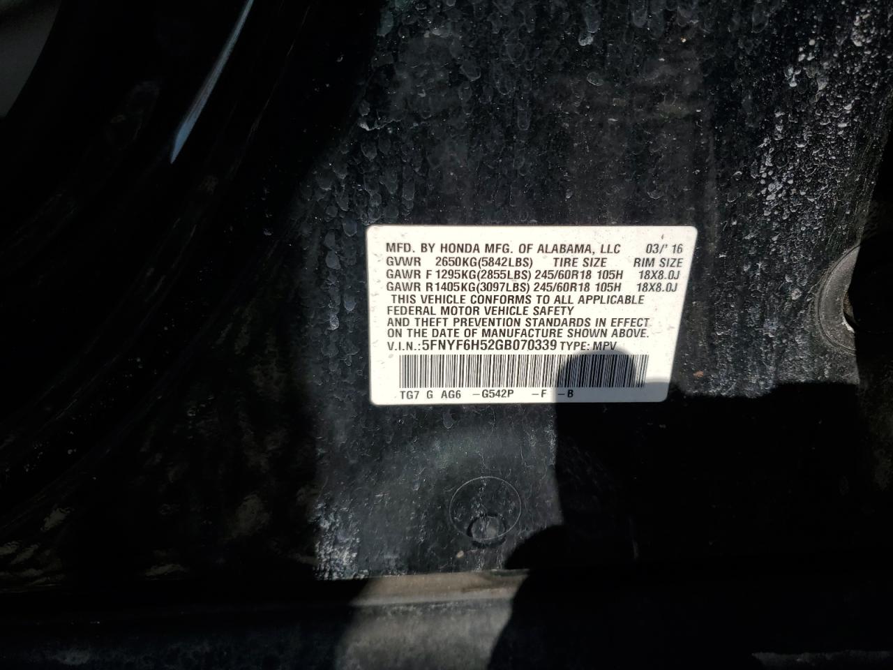 5FNYF6H52GB070339 HONDA PILOT 2016