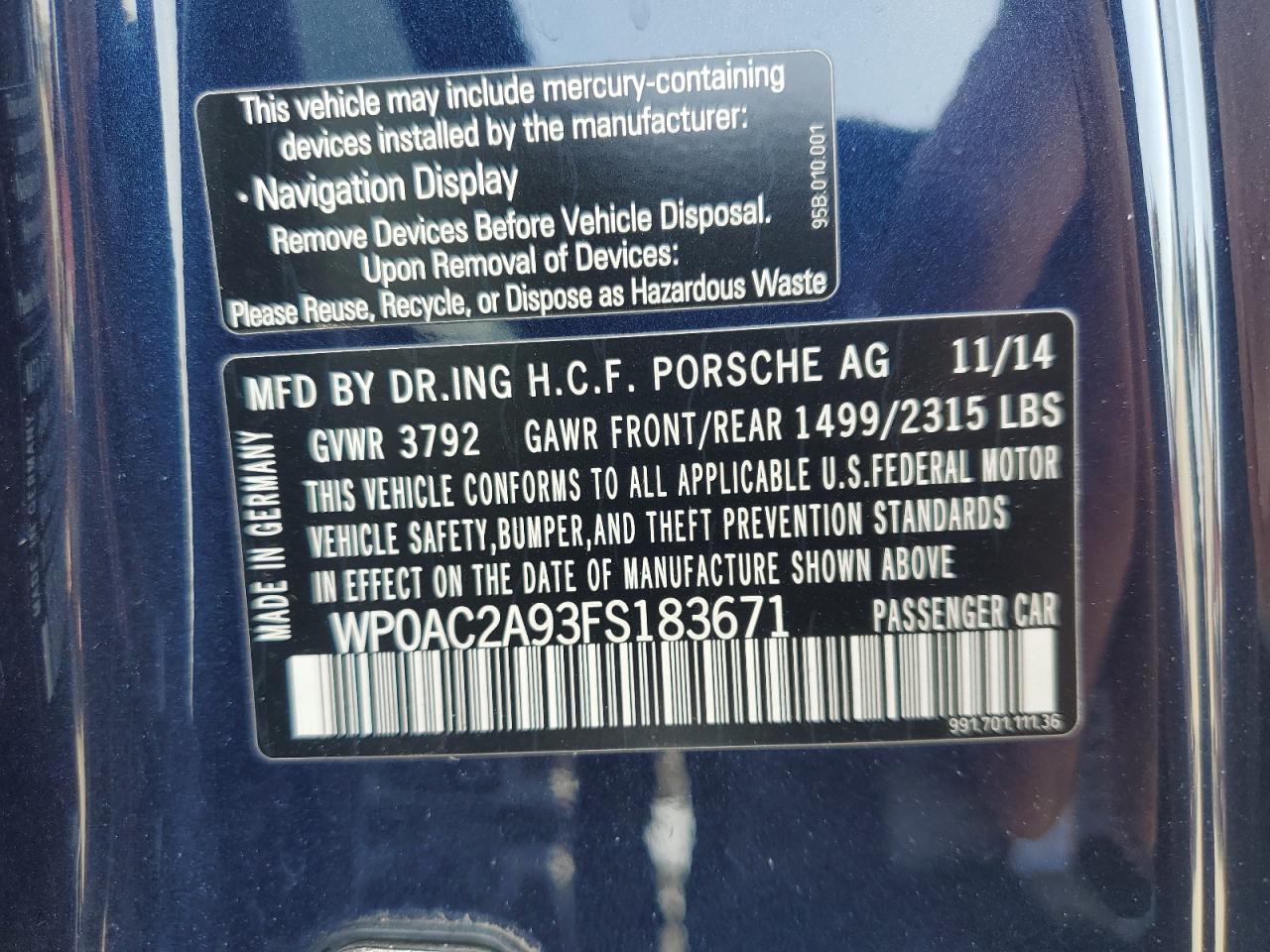 2015 Porsche 911 Gt3 VIN: WP0AC2A93FS183671 Lot: 53236915