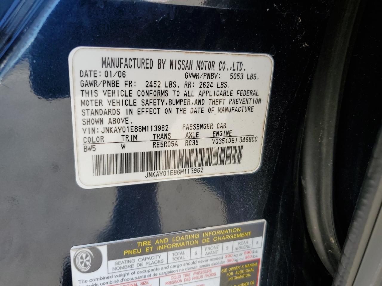 2006 Infiniti M35 Base VIN: JNKAY01E86M113962 Lot: 53970405