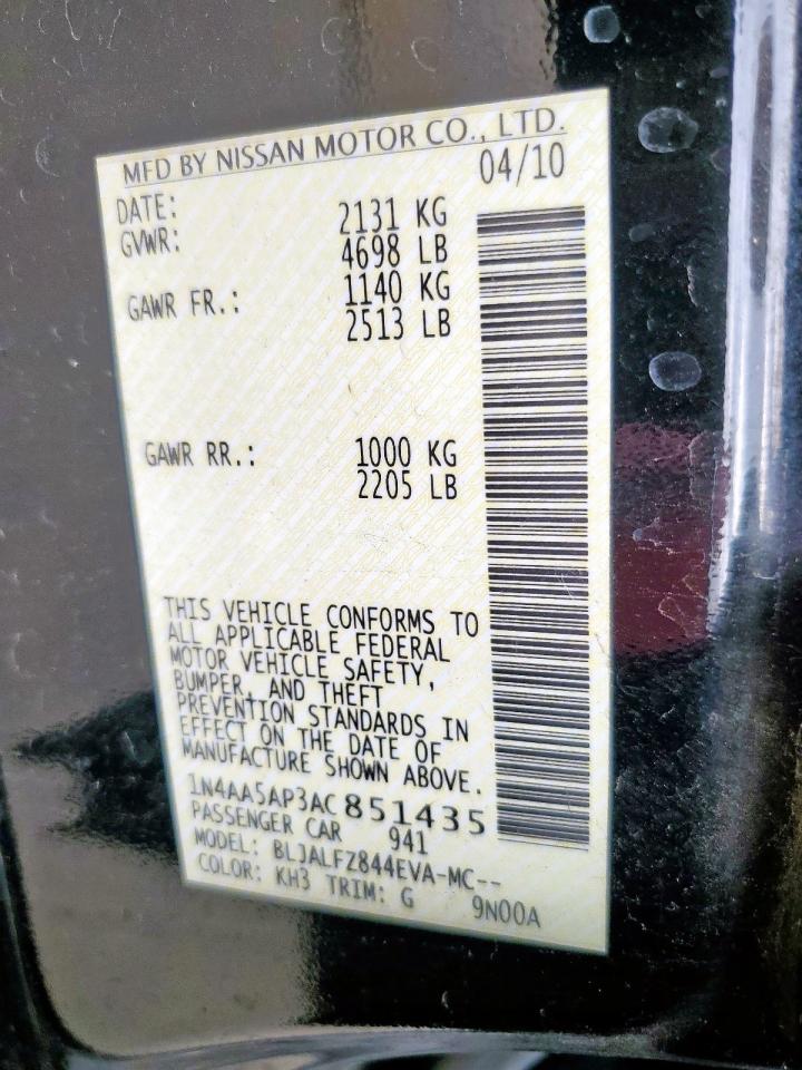 2010 Nissan Maxima S VIN: 1N4AA5AP3AC851435 Lot: 53489575