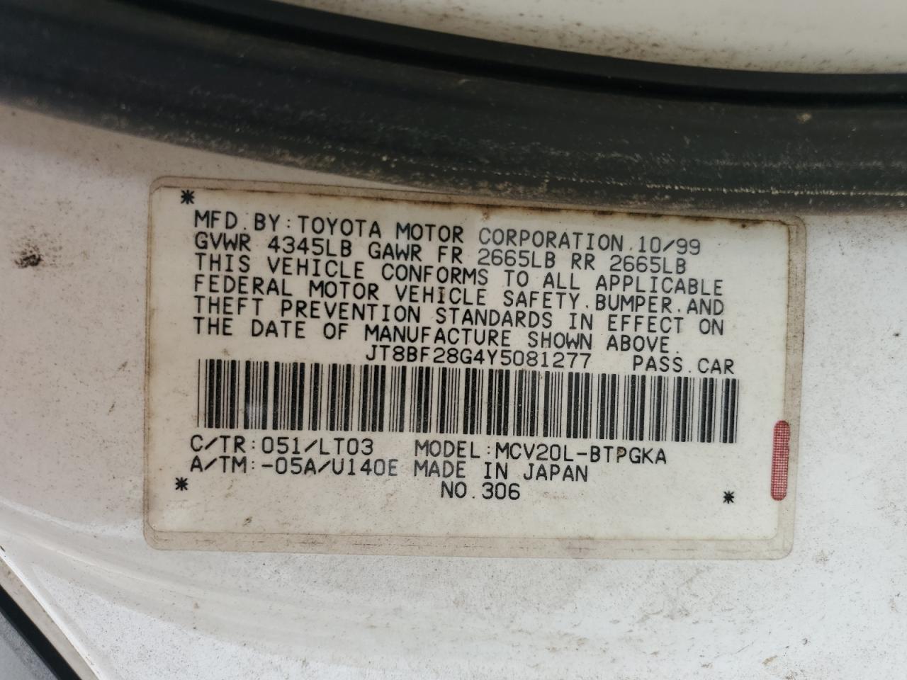 2000 Lexus Es 300 VIN: JT8BF28G4Y5081277 Lot: 54498965