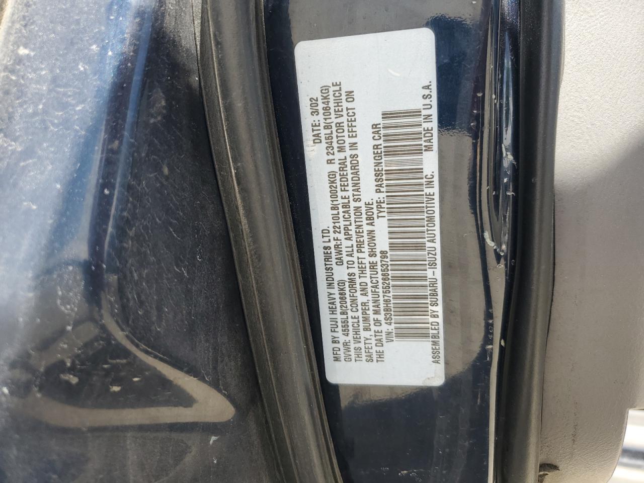 2002 Subaru Legacy Outback Awp VIN: 4S3BH675526653798 Lot: 54212895