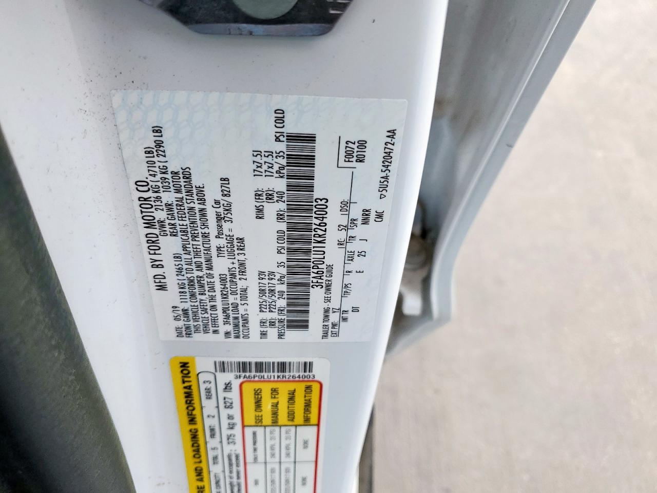 2019 Ford Fusion Se VIN: 3FA6P0LU1KR264003 Lot: 54036735