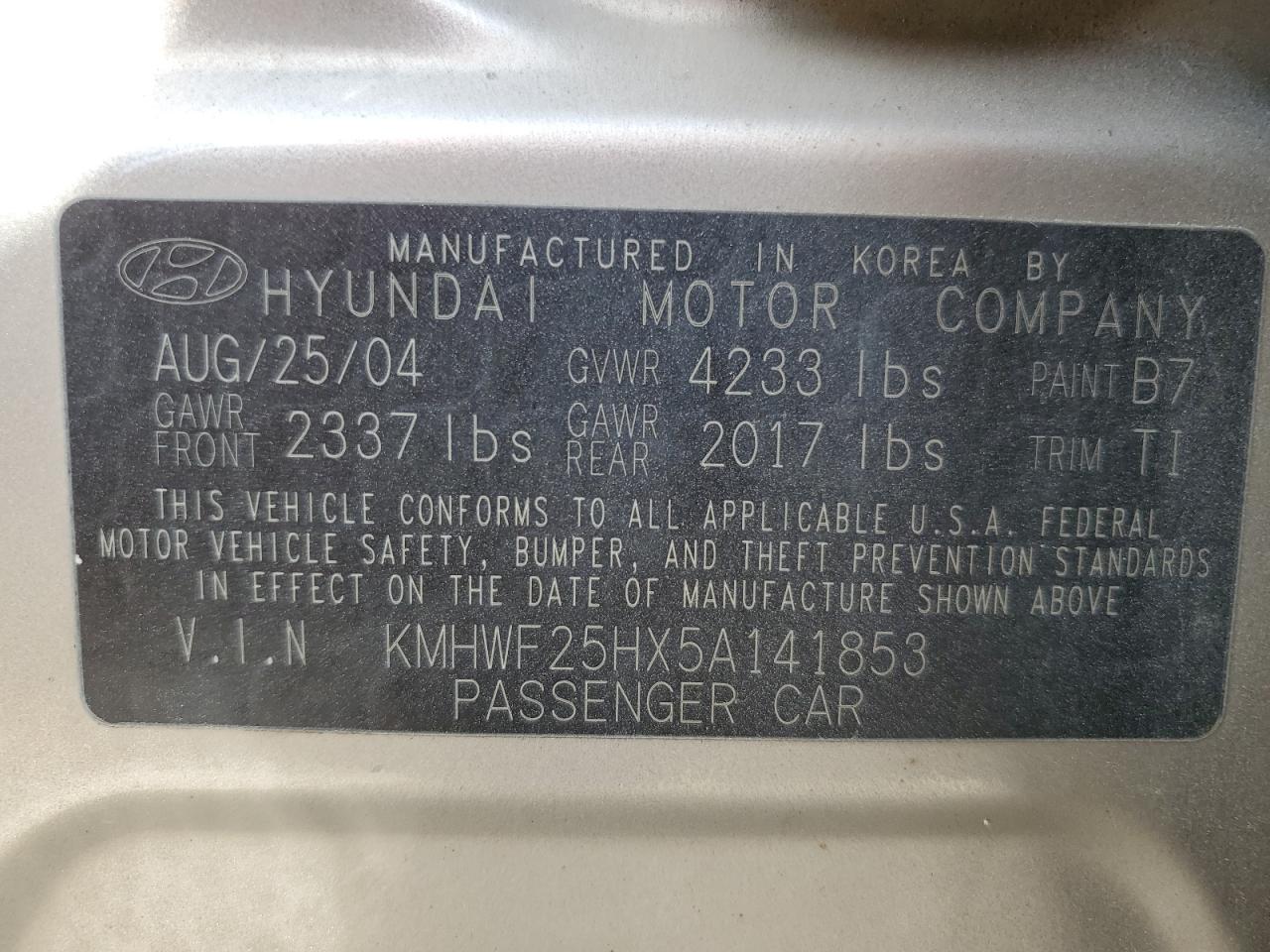 2005 Hyundai Sonata Gl VIN: KMHWF25HX5A141853 Lot: 51781645