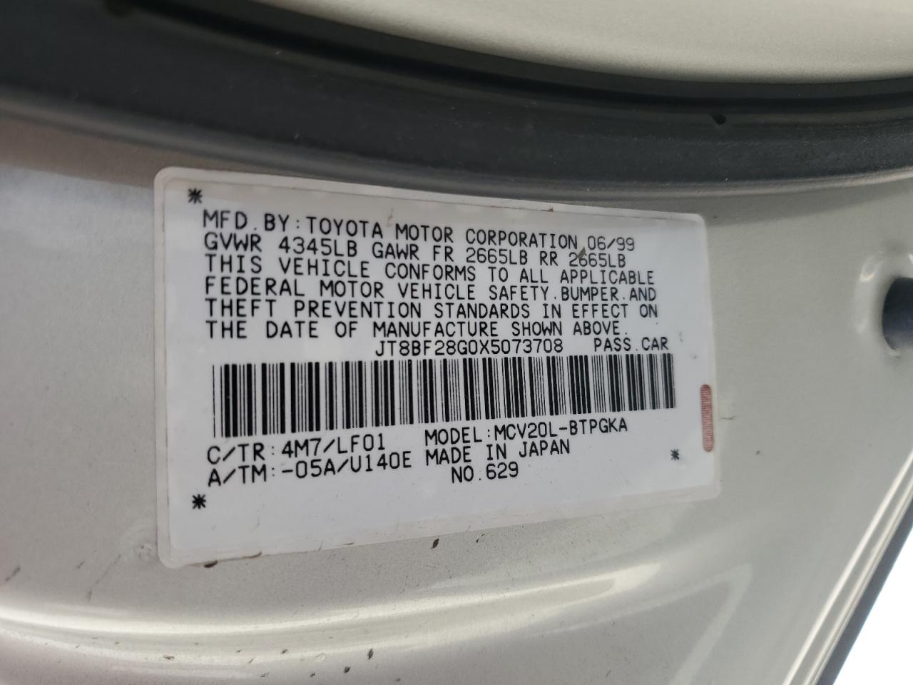 1999 Lexus Es 300 VIN: JT8BF28G0X5073708 Lot: 52212075