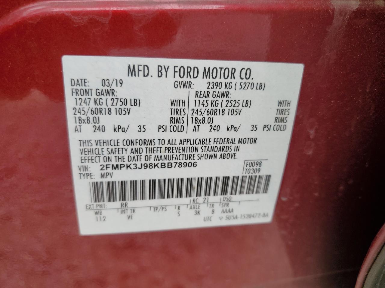 2FMPK3J98KBB78906 FORD EDGE 2019