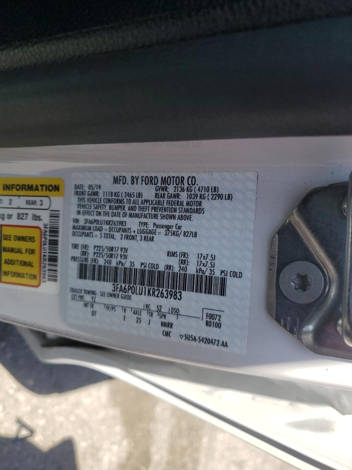 2019 Ford Fusion Se VIN: 3FA6P0LU1KR263983 Lot: 54038225