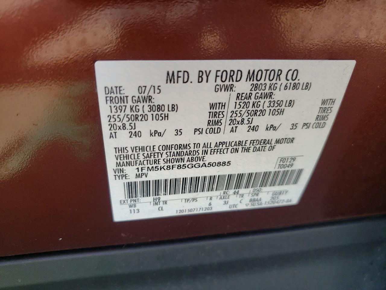 1FM5K8F85GGA50885 FORD EXPLORER 2016