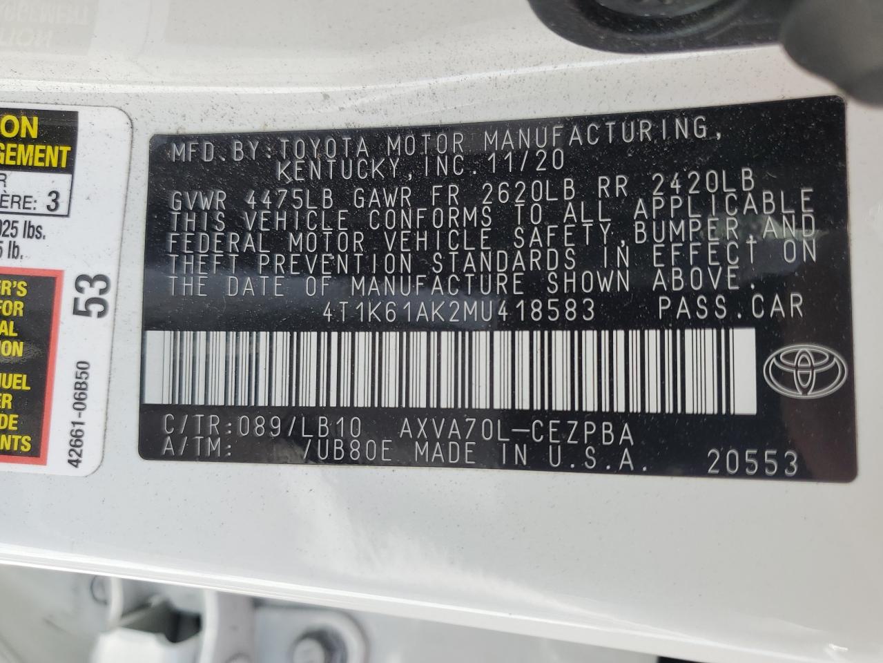 2021 Toyota Camry Xse VIN: 4T1K61AK2MU418583 Lot: 54858495