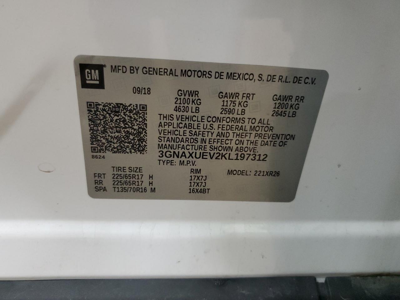 3GNAXUEV2KL197312 CHEVROLET EQUINOX 2019