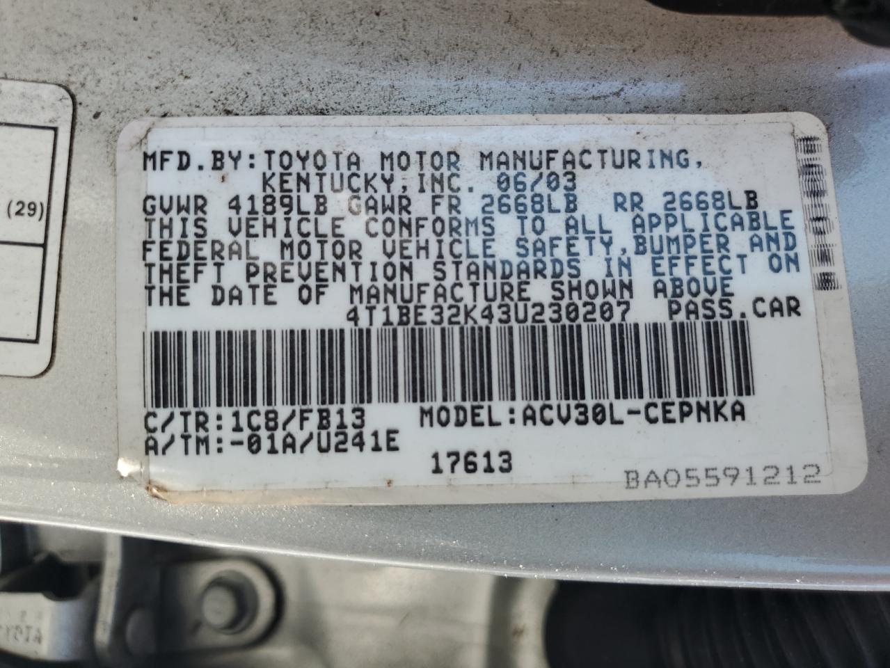 2003 Toyota Camry Le VIN: 4T1BE32K43U230207 Lot: 55092385