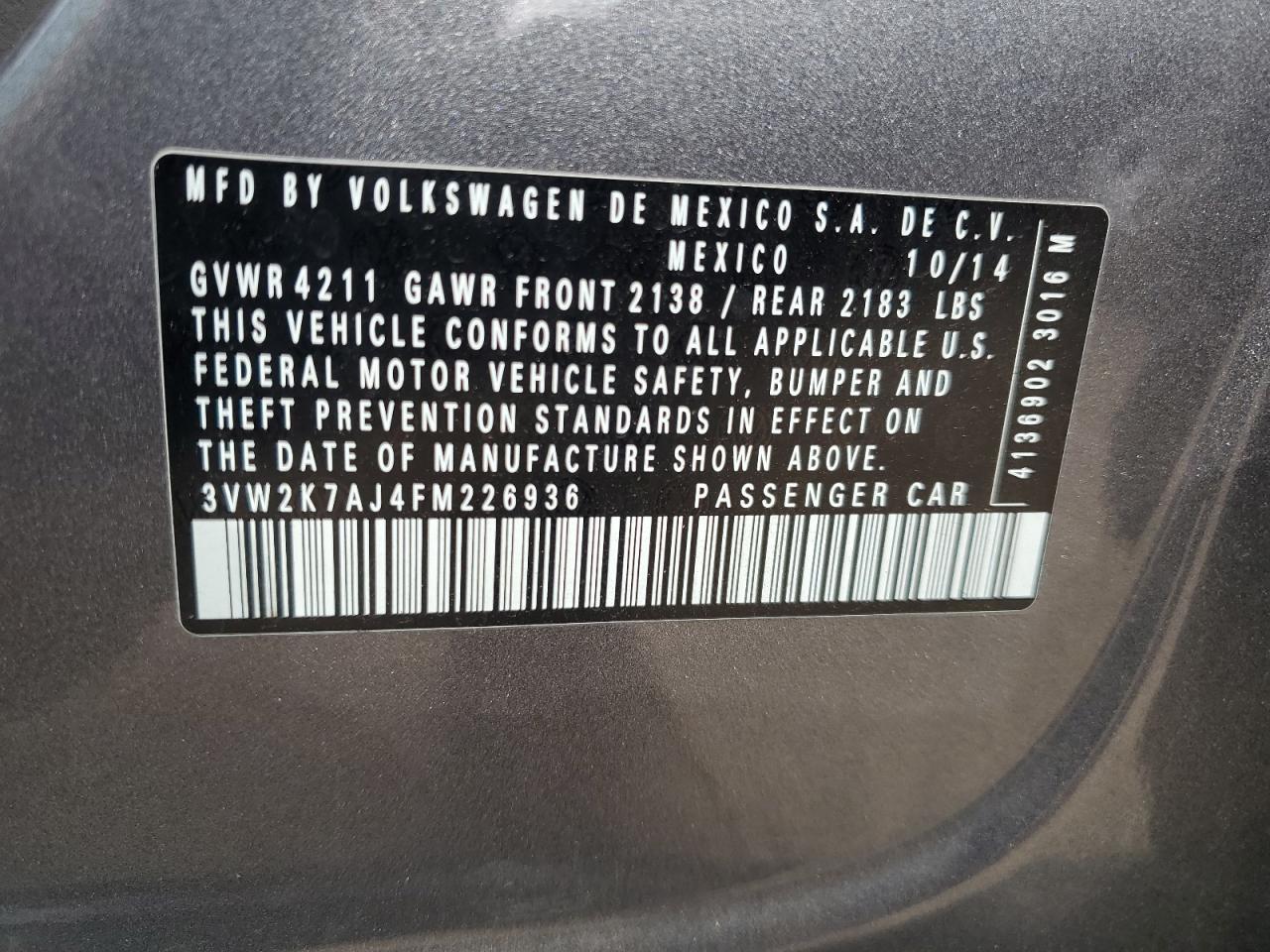 2015 Volkswagen Jetta Base VIN: 3VW2K7AJ4FM226936 Lot: 53051565