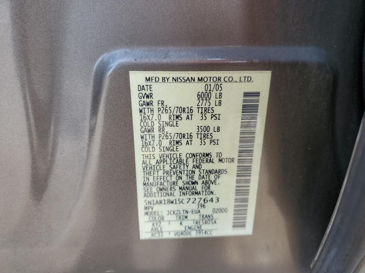 2005 Nissan Pathfinder VIN: 5N1AR18W15C727643 Lot: 54965125