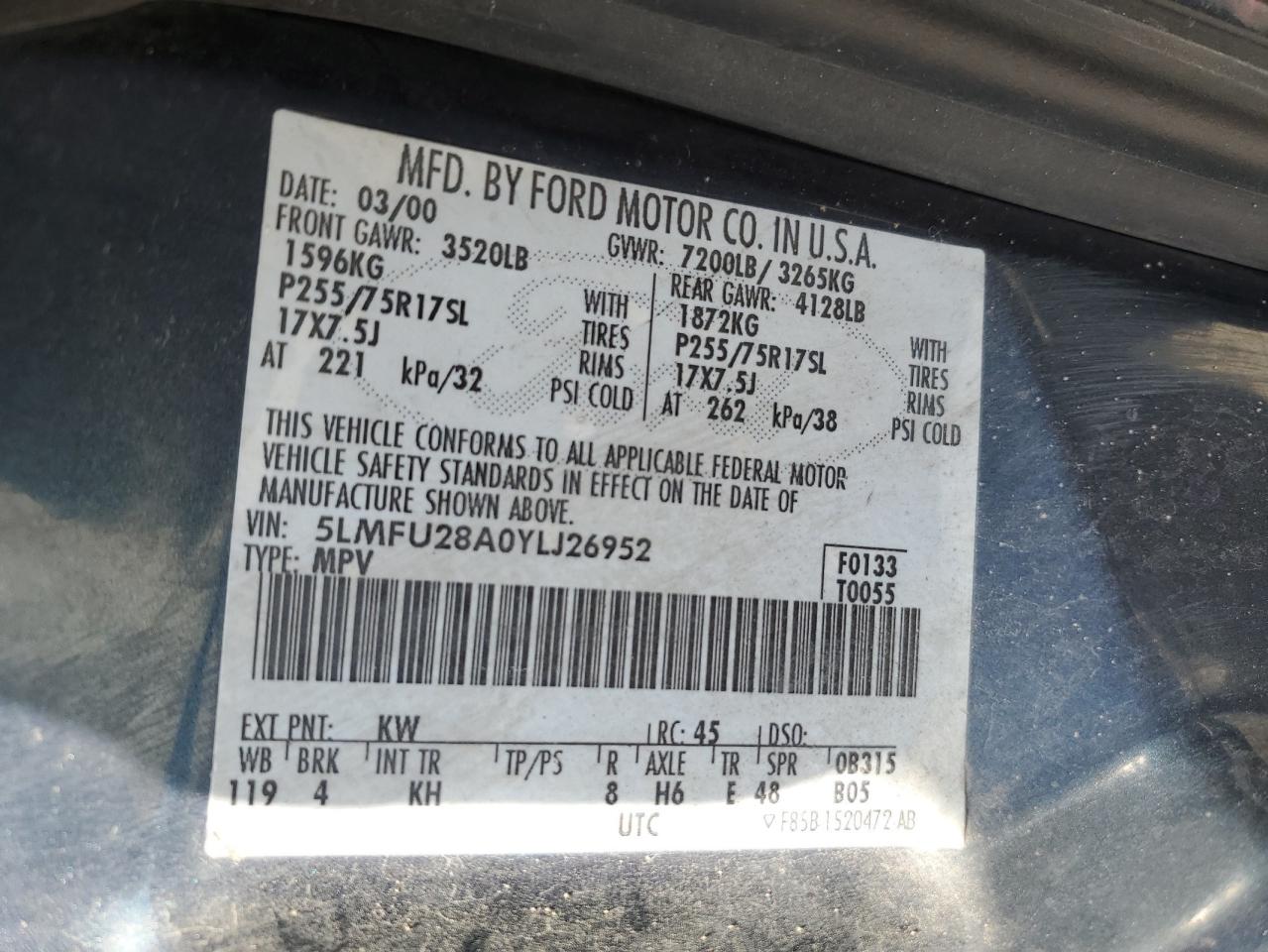 2000 Lincoln Navigator VIN: 5LMFU28A0YLJ26952 Lot: 54756735