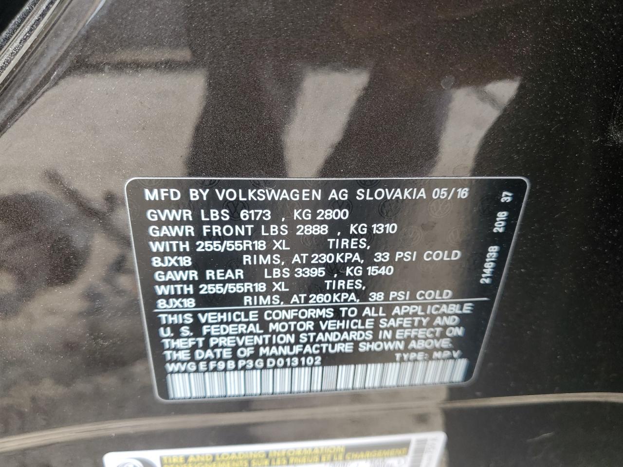 2016 Volkswagen Touareg Sport VIN: WVGEF9BP3GD013102 Lot: 53333375