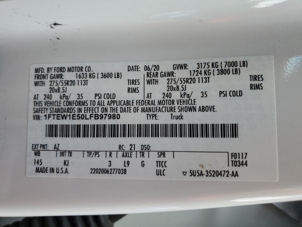 1FTEW1E50LFB97980 FORD F-150 2020