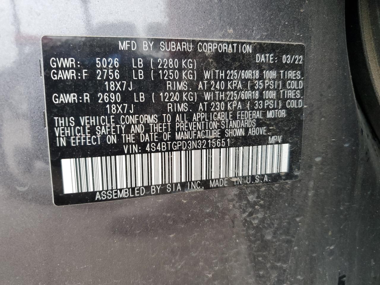 2022 Subaru Outback Touring VIN: 4S4BTGPD3N3215651 Lot: 54936545