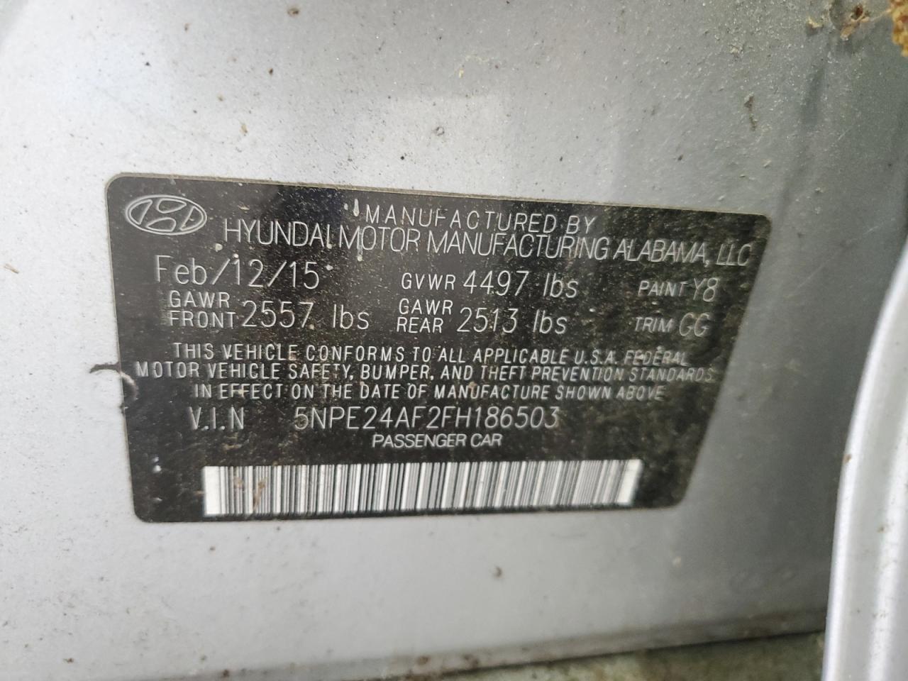 2015 Hyundai Sonata Se VIN: 5NPE24AF2FH186503 Lot: 55163915