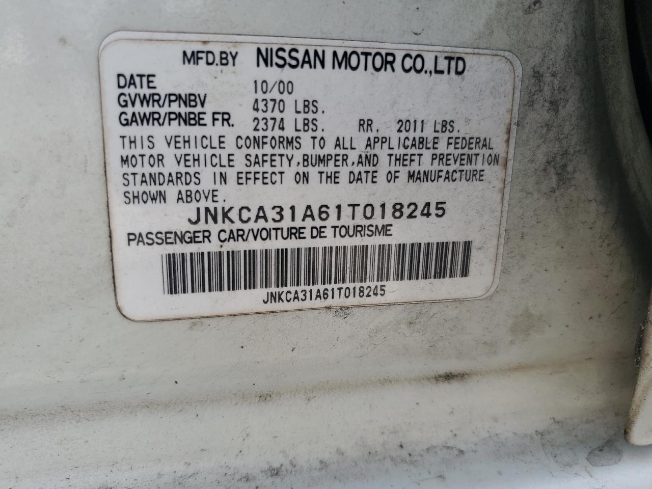 2001 Infiniti I30 VIN: JNKCA31A61T018245 Lot: 54497935