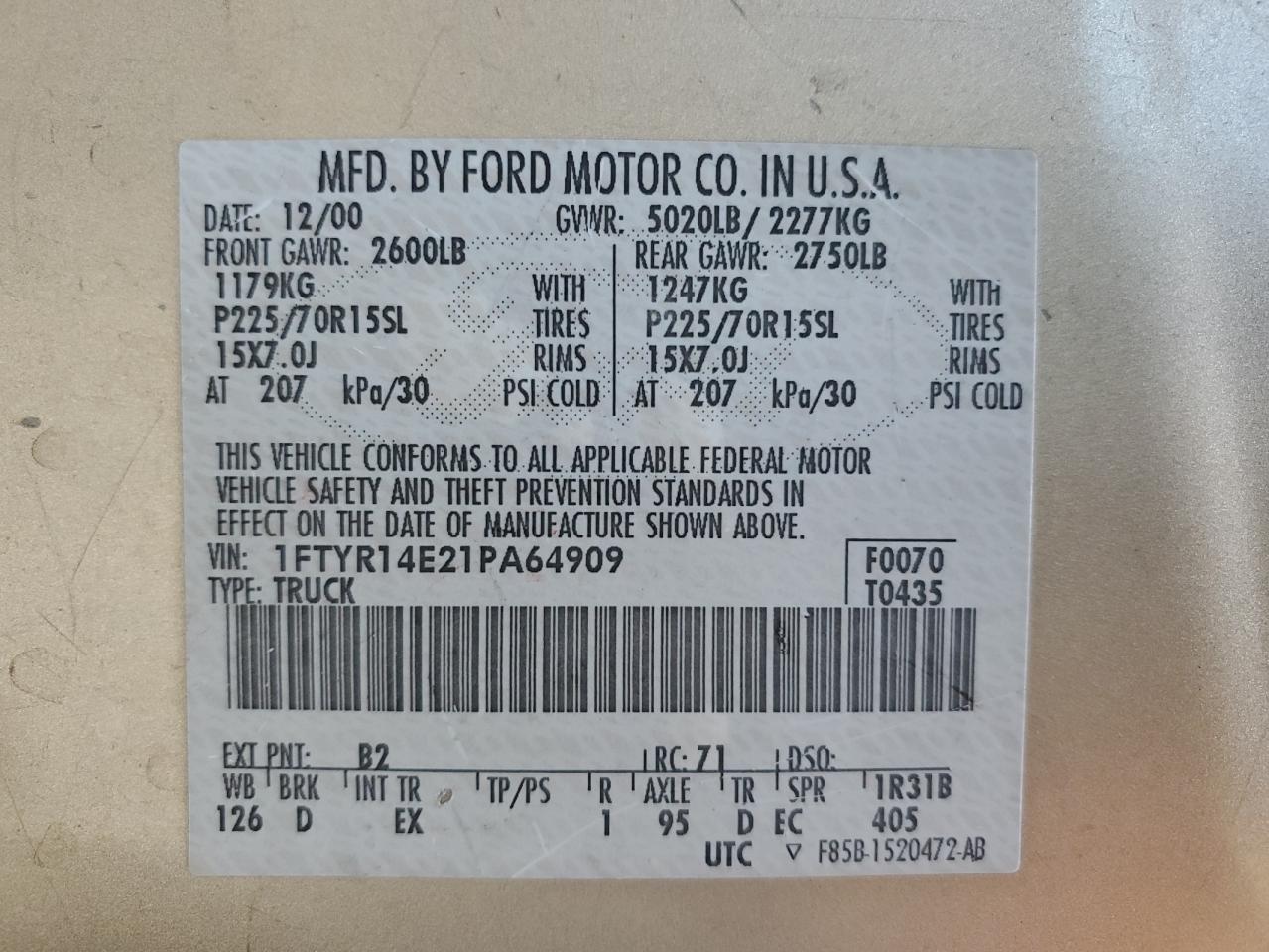 2001 Ford Ranger Super Cab VIN: 1FTYR14E21PA64909 Lot: 54256755