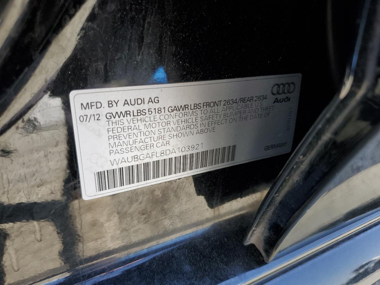 2013 Audi S4 Premium Plus VIN: WAUBGAFL8DA103921 Lot: 53086495
